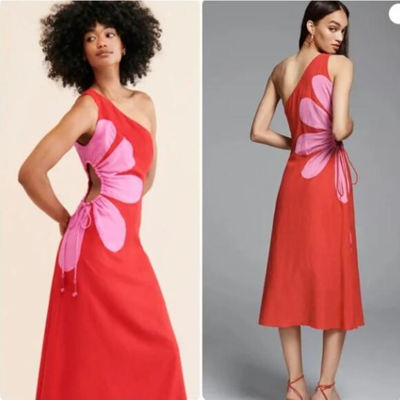 NWT FARM Rio Cutout Flower Midi Dress in Red Small - Picture 1 of 15